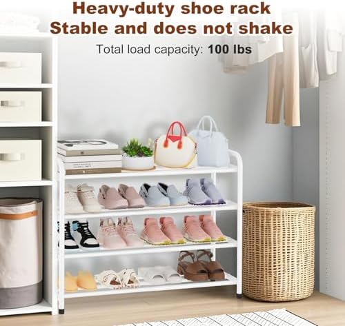 KANAV 4-Tier Expandable Shoe Rack, Heavy Duty Adjustable Metal Shoe Organizer for Closet, Entryway & Mudroom, Freestanding, Tool-Free Assembly, White