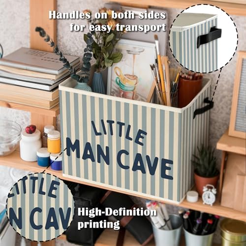 Little Man Cave Boys Storage Bins Box with Handles, Olive Blue Stripe Boho Collapsible Basket Organizer for Kids Boys Playroom Nursery Room Bedroom Bathroom Books Clothes