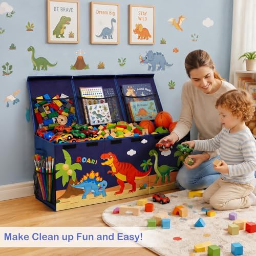 Toy Box with Adjustable Divider Large Toy Chest Storage for Nursery Kidroom | Extra large capacity, removable divider, top and side storage pockets, collapsible design, cute print for playroom decor