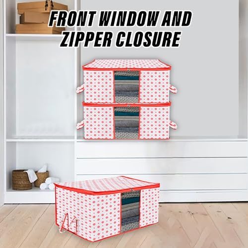 Kuber Industries Non-Woven Underbed Storage Bag|Clothes Storage Organizer|Blanket Cover With Clear Window|Zipper Closure&Handle Cloth Organizer|Dot-Design|Large|Pack Of 2|Red,32 Cm,48Cm