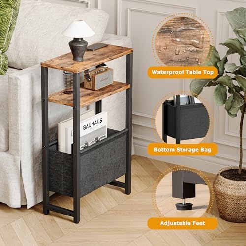 Narrow Side Table, Slim End Table with Magazine Rack, Skinny Bedside Table for Small Spaces, 3 Tier Sofa Couch Table Nightstand for Living Room, Bedroom, Rustic Brown LET503R