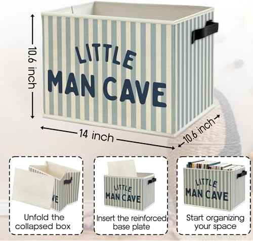 Little Man Cave Boys Storage Bins Box with Handles, Olive Blue Stripe Boho Collapsible Basket Organizer for Kids Boys Playroom Nursery Room Bedroom Bathroom Books Clothes