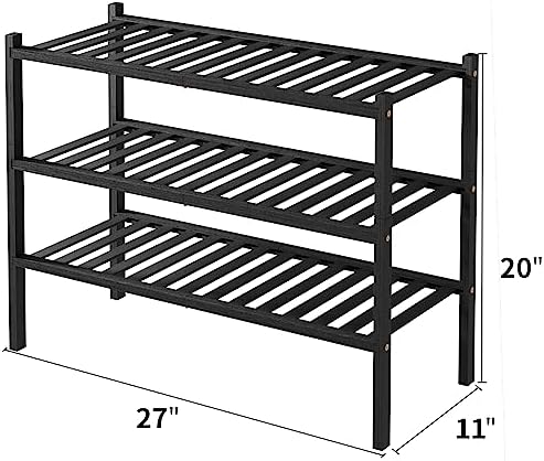 ROMGUAR CRAFT 3 Tier Bamboo Shoe Rack for Closet Free Standing Wood Shoe Shelf Storage Organizer for Entryway Small Space Stackable 27"x11"x20" (Black) (Pack of 2)