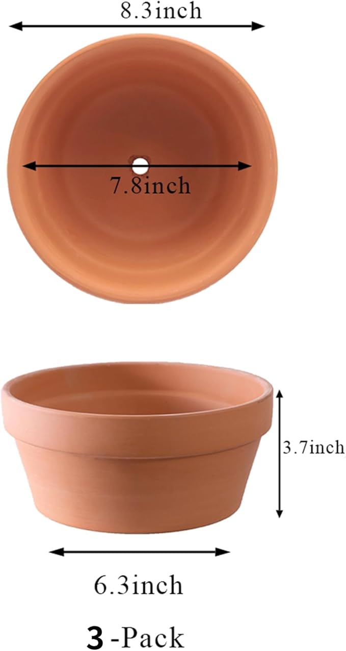 Yishang Large Terracotta Pots for Succulent - 8 Inch Cactus Plant Containers Indoor Garden Bonsai Pots with Drainage Hole - Set of 3, Unglazed Clay Ceramic Pottery Planter