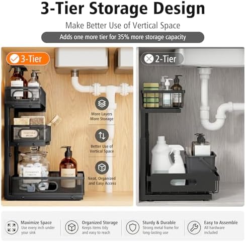 Under Sink Organizer, 3 Tier Pull Out Cabinet Organizer with 5 Adjustable Heights, Metal Under Sink Storage with Sliding Drawers for Kitchen, Bathroom, Pantry and Laundry Room, 2-Pack Black