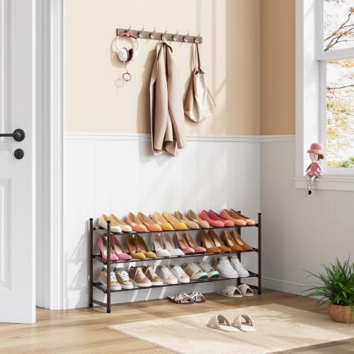 Tajsoon Expandable Shoe Rack for Closet 3 Tier, 28“-41“Stackable, Bronze