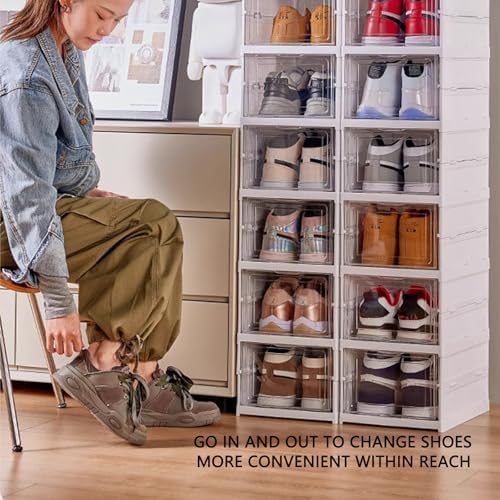 Foldable Shoe Rack,No Assembly Stackable Shoe Storage Box with Doors,Free Standing Plastic Space Saving Shoe Cabinet Bins Dustproof,Folding Shoe Box Organizers (6 Tier-6 Pairs White)