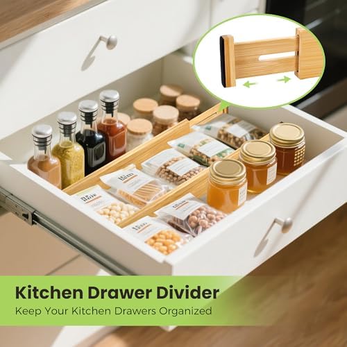 Fyvva Drawer Organizer, Spring-Loaded Expandable Bamboo Dividers 8-Pack | Large Kitchen Drawer Organizer, Adjustable 16.9 to 22.2 in, 2.3in High Non Slip for Kitchen Clothes Bathroom Office Natural