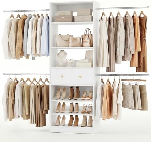 Armocity Wood Closet Organizer System - 4FT-9FT Expandable Wardrobe Closet with Drawer & 4 Hanging Rods, Heavy Duty Walk-in Closet 1000Lbs for Bedroom Walk-in Closet, White
