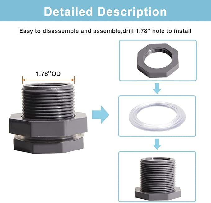 Ququyi 1/2 Inch PVC Bulkhead Water Tank Connector Adapter Fitting with Plugs Thru-Bulk Pipe Fitting for Rain Barrels, Aquariums, Ponds(Set of 3)