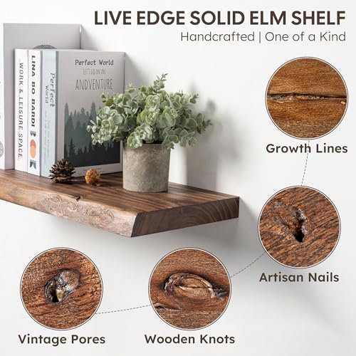 36" Live Edge Floating Shelves Set of 2, Solid Elm Wood, Vintage