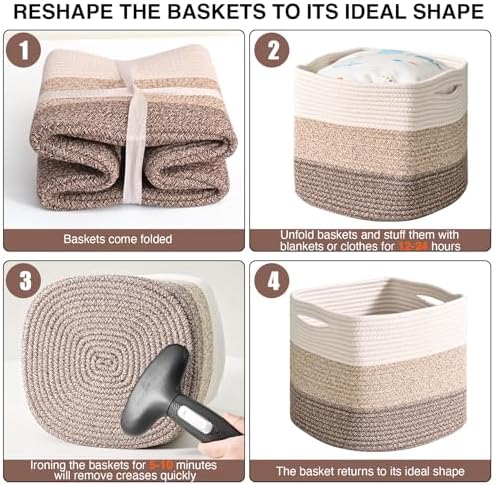 ICERZCZ 13 Inch Cube Closet Storage Bins, Woven Cotton Rope Organizer Baskets for Organizing & Shelves, Books, Towels, Clothes, Toys, 13x13x13 in, Gradient Brown (Pack of 3)