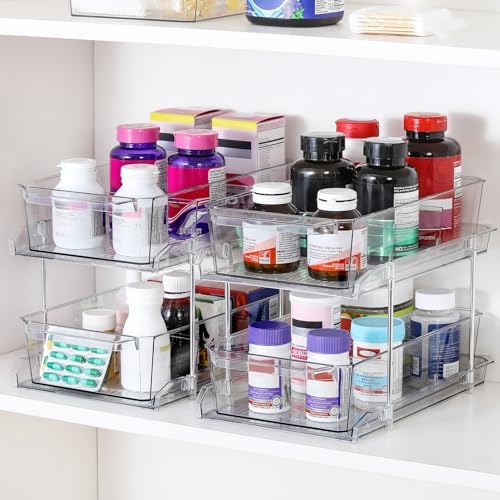 2 Set, 2 Tier Clear Organizer with Dividers for Cabinet, Shlef, Counter - MultiUse Slide-Out Storage Container - Kitchen, Pantry, Medicine Cupboard Bins, Bathroom, Vanity Makeup, Under Sink Organizing