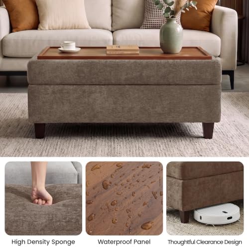 GENTEACO 45" Ottoman Coffee Table with Storage, Reversible Wooden Tray Top, Large Chenille Upholstered Ottoman, Hidden Storage Foot Rest Bench for Living Room, Bedroom, Entryway,Brown