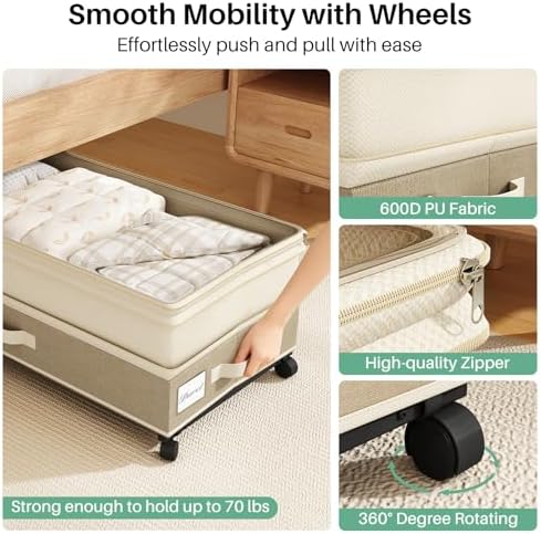 Kitstorack 2Pack Height-adjustable Under Bed Storage with Wheels, Under Bed Storage Containers,Under Bed Shoe Storage Organizer with Clear Window&Label, Suitable for Clothes Storage, Beige & Linen