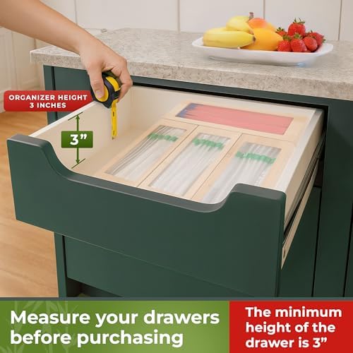 Bamboo Bag Organizer for Drawer, 4 Blocks, Plastic Bag Storage Holder | Kitchen organization with quick refill from the back; labels included; fits gallon, quart, sandwich and snack sizes