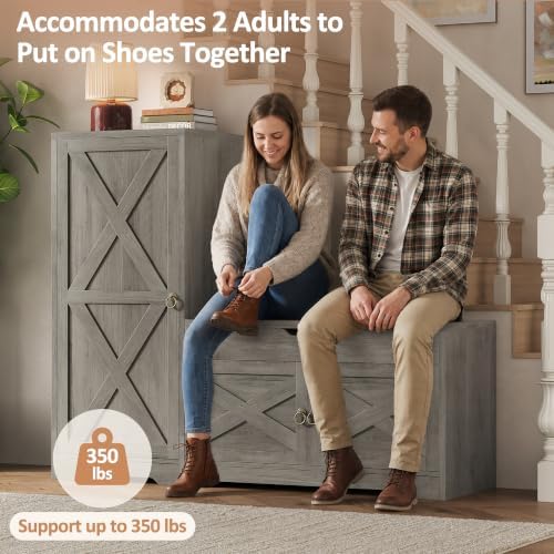 47'' Shoe Storage Bench, 7-Tier Storage Bench, L-Shaped Entryway Bench with Adjustable Shelves, Hidden Lift Top Storage Seat and 0.7'' Top Panel for Hallway Living Room, Grey