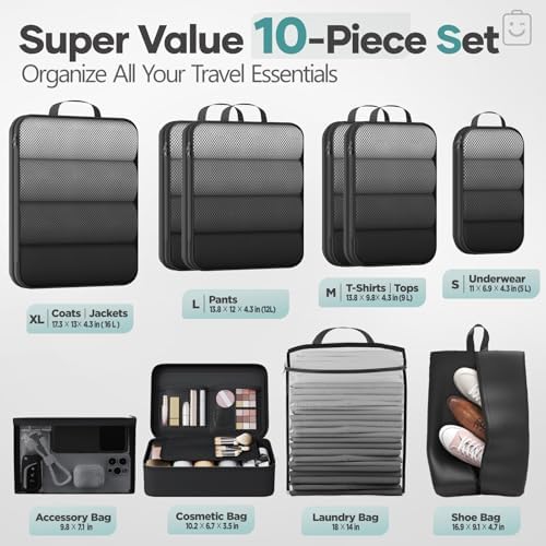 Veken 10 Set Compression Packing Cubes for Travel Essentials,Compressible Expandable Large Luggage Organizer Bags for Clothing,Space Saver Bags with Over 1000 pcs of Mesh Holes(Black,Makeup Bag)