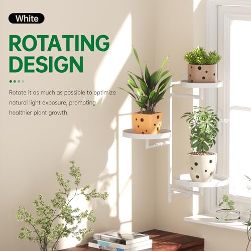 Rotating Window Wall Plant Shelves Stand Holder, 3 Tiered White Metal Floating Plant Shelf Hanger Indoor , Window Sill Gifts for Home decor