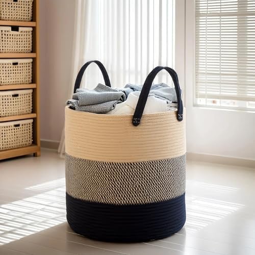 ShellKingdom Laundry Basket, Natural Rope Woven Storage Basket with Handles for Home, Living Room, Laundry, Storage Organizer for Blankets, Clothes, Plant, Toys, 15.7 x 13.8 INCH (3-Toned Khaki Black)