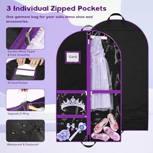 Dance Garment Bags with 3 Clear Zipper Pockets, Cheer Garment Bags for Cheerleading Uniform, 40" Garment Bags for Hanging Clothes, Suits, Travel & Sports Jersey, Cheer Uniform (Purple, 1Pack 40")