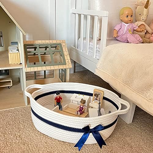 CHICVITA Small Woven Rope Gift Basket, Decorative Shelf Basket, White Blue