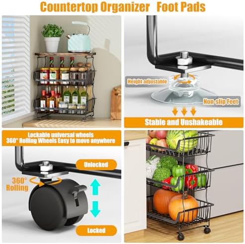 Gsiekare 4 Tier Fruit and Vegetable Basket for Kitchen with Wheels