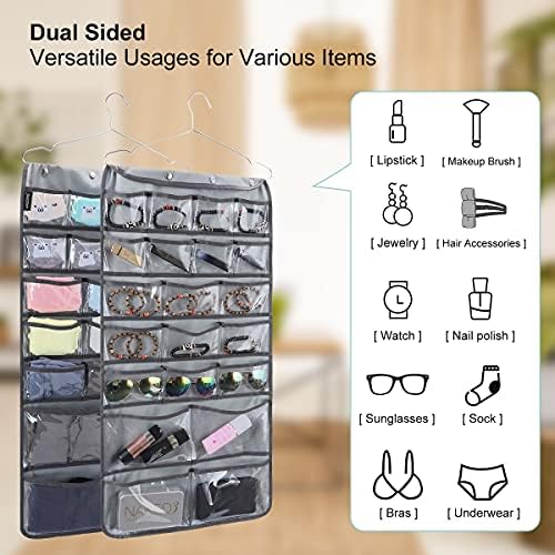 Dual Sided Hanging Organizer for Jewelry Makeup Storage Closet Organizers for Bows Socks Underwear with 42 Clear Pockets (GREY)