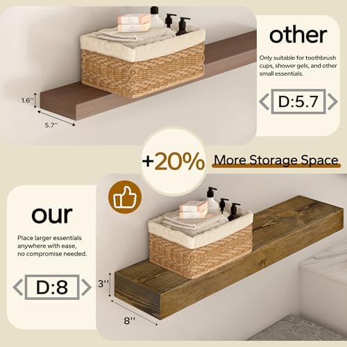Floating Shelves 3 inch Thick for Wall Set of 2,Solid Pine Wood Wall Mount Shelf for Kitchen Living Room Bedroom Bathroom,8" D x 24" L x 3" H-Dark Walnut