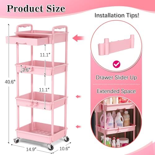 SUNALLY 4 Tier Rolling Cart with Drawer, Craft Storage Cart Organizer, Pink