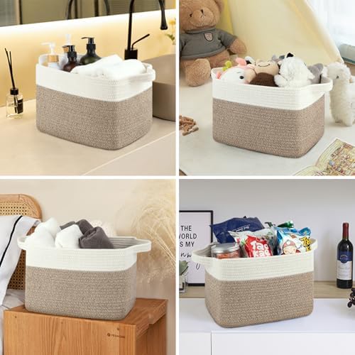OIASKET Storage Baskets for Organizing, Woven Baskets for Shelves, Rectangle Decorative Organizer for Storage Clothes, Toy, Books, Towels Nursery Bins 3 Pack (Brown & White, 13"x9.85"x8.7")