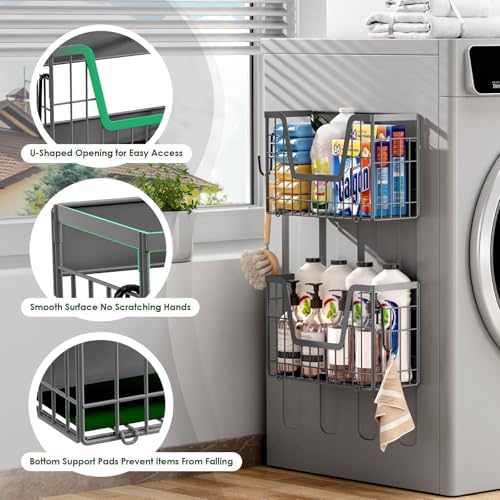 4 Pack Magnetic Shelf for Fridge, Fruit Potato and Onion Storage Bins, Magnetic Spice Rack for Kitchen Pantry Laundry Organizer, Metal Baskets Side of Fridge Organizers and Storage (Grey)