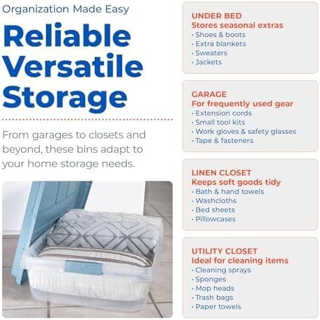 Hefty Hi-Rise Storage Bin with Lid, 40 Quart, Smoke Blue, 6 Pack