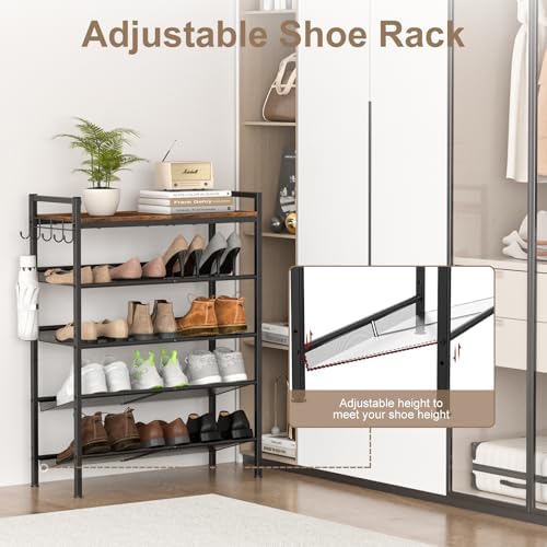 Refrze Shoe Rack for Entryway,5 Tier Height-Adjustable Metal Rustic Brown