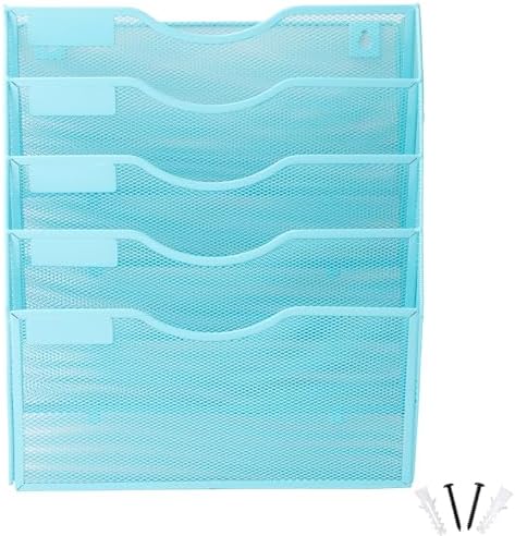 EASEPRES 5 Pocket Mesh Hanging Wall File Organizer, Wall Mounted Mail Paper Document Folder Holder, Clipboard Storage Organization Magazine Rack with Nametag Label for Office Home School, Blue