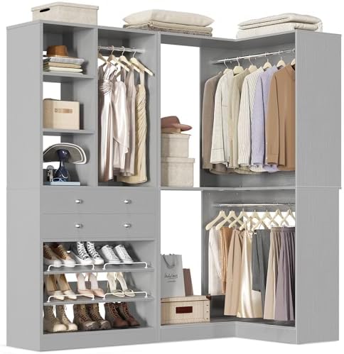 Besiost Closet System with 2 Drawers, 3 Hanging Rods, 59.5" * 31.5" Closet Organizer System with Corner Tower, Reversible L Shaped Walk-in Closet System, Corner Closet System Set of 2, Morandi Grey
