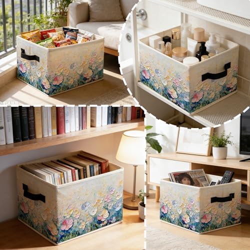 Textured Abstract Boho Floral Storage Bins Box with Handles, Watercolor Modern Wildflower Foldable Basket Toybox for Girls Nursery Bedroom Bathroom Home Clothes Toys Books