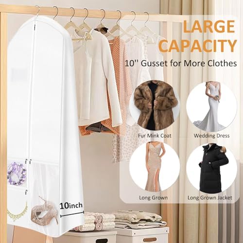 72" Wedding Dress Garment Bag with 10'' Gusseted Dress Bags for Gowns Long 4 Pockets Dress Bag Garment Storage Cover for Women, White