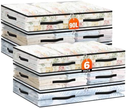 6 Pack Under Bed Storage Bags, 90L Foldable Clear Containers with Handles