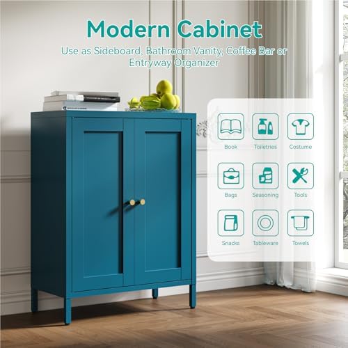 Metal Floor Storage Cabinet, Small Freestanding Sideboard Storage with 2 Adjustable Shelves for Bathroom Entryway Living Room Dining Room Coffee bar Kitchen,11.8"D x 23.6"W x 31.5"H,3-Tier,Teal Blue