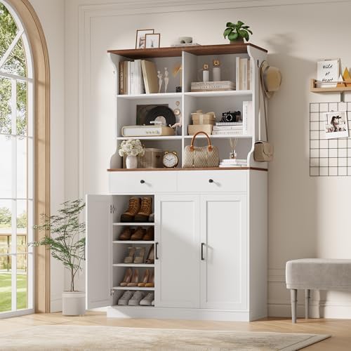 Keyluv 73" Tall Entryway Shoe Cabinet with Drawers and Doors, Large Shoe Storage Cabinet for 24-30 Pairs with Dedicated Boot Storage, 5-Tier Adjustable Shelves for Sneakers, Heels & Flats, White
