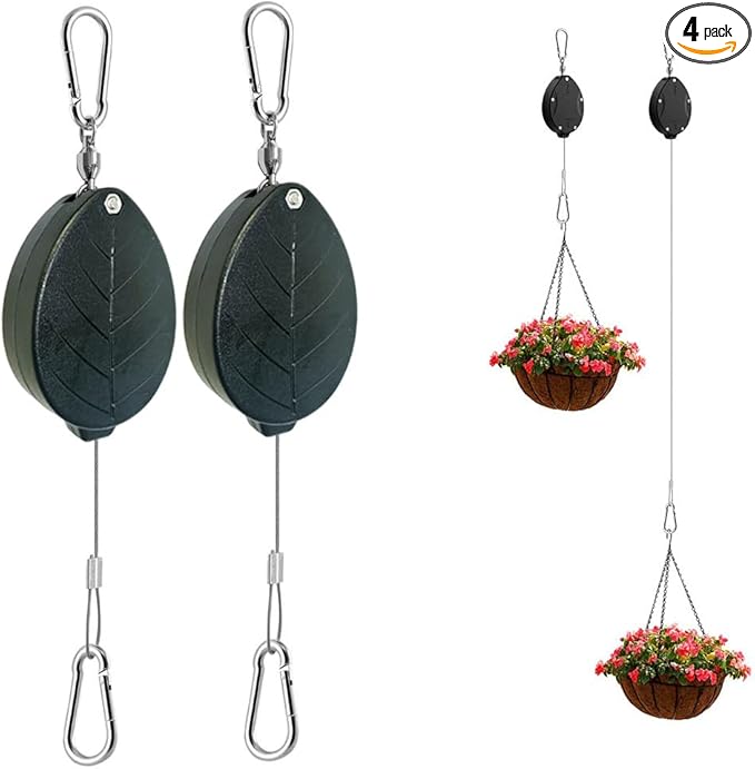 Update Retractable Plant Hanger with Pulley System - 2 Pack Adjustable 1.6M Stainless Steel Plant Hooks for Pots, Bird Feeders & Storage | 15kg/33lbs Max Load, Rustproof Indoor/Outdoor Use