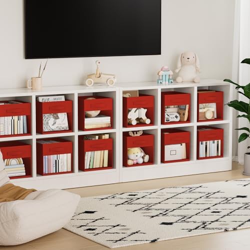 DIMJ Cube Bins, 12.2-Inch Storage Bins Cubes with Window, 6 Packs Collapsible Storage Bins with Handles, Closet Storage Baskets for Organizing Living Room, Office, 6 Pack,Red