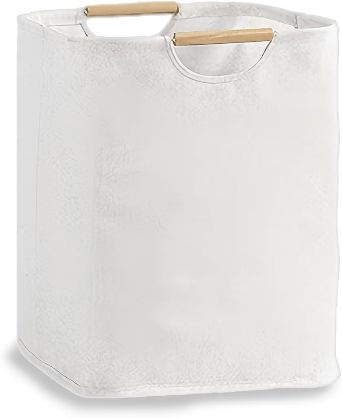 Collapsible Laundry Hamper Bag with Wooden Handles - 36L/8 Gallon Capacity Waterproof Oxford Cloth Storage Basket, Freestanding No Wire Frame, for Dorm Room, Bedroom, Bathroom (Small-White)