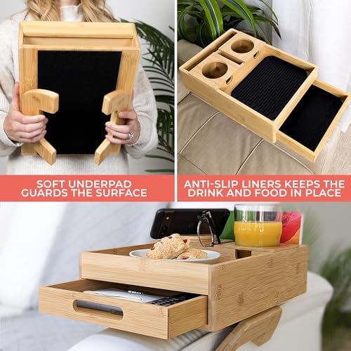 7-in-1 Sofa Armrest Tray with Drawer, Clip-On Side Table for Wide Armrest, TV Organizer with Cup Holder, Phone Stand, Remote Storage, Drinks, Snacks, and Accessories