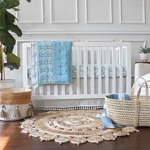 Crane Baby Fabric Round Nursery Storage Basket, Cotton & Jute , 13" x 12" | Toy Storage, Toy Organizer, Baby Storage Organizer, Toy Bins