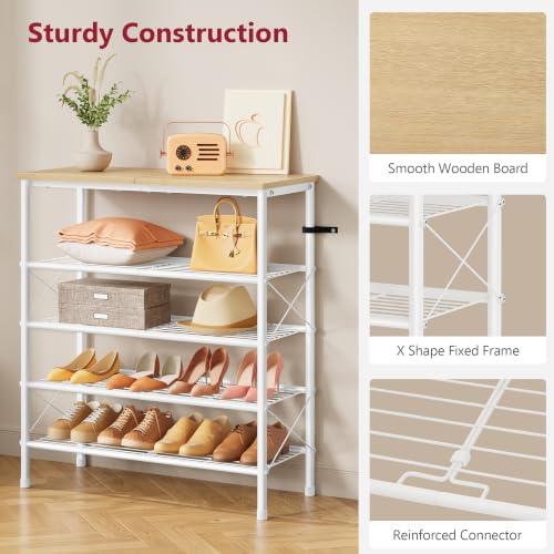 Tajsoon 5 Tier Shoe Rack Organizer for 16-20 Pairs of Shoes, White & Log