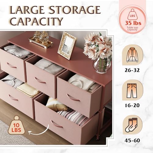 WLIVE Wide Dresser for Bedroom, 5 Drawer Chest of Drawers, Pink