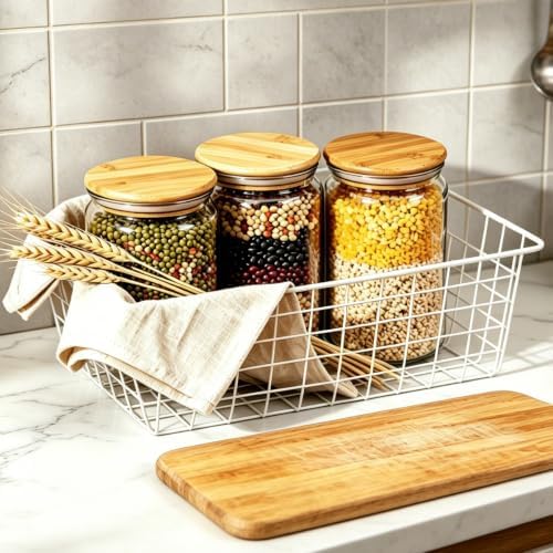 3 Pack Large Wire Baskets, Sturdy White Wire Basket, Metal White Basket for Organizing Kitchen Food, for Pantry Home Office Desk Shelf Bathroom Bedroom (14.2 x 11.1 x 6.3 inch)