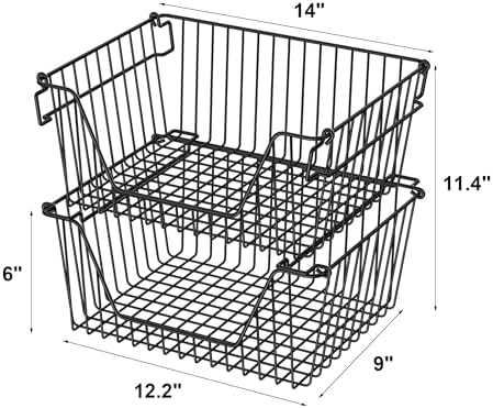 Stackable Wire Metal Baskets Sturdy Cabinet Organizer Wire Pantry Freezer Bin with Handle for Kitchen Pantry Fruit Vegetable Organization, Black, 4Packs